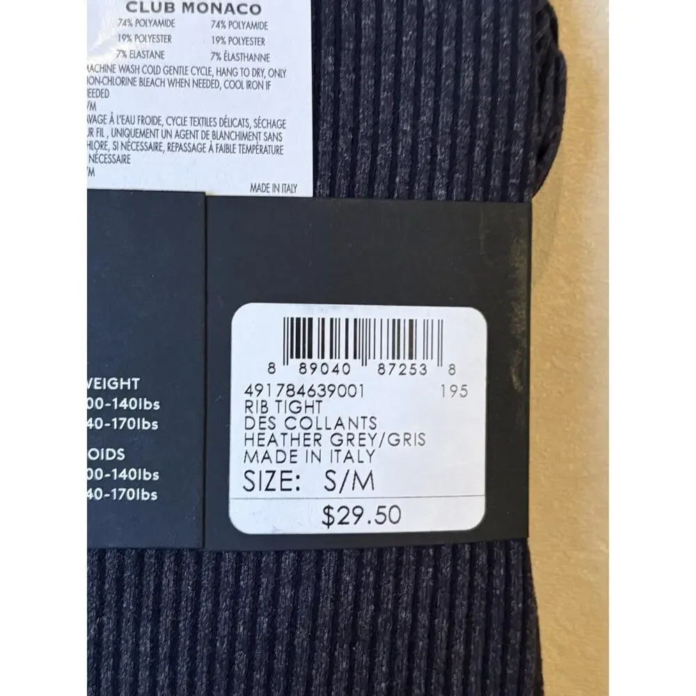 Club Monaco Women's Ribbed Tights Heather Grey S/M Polyamide Made in Italy
